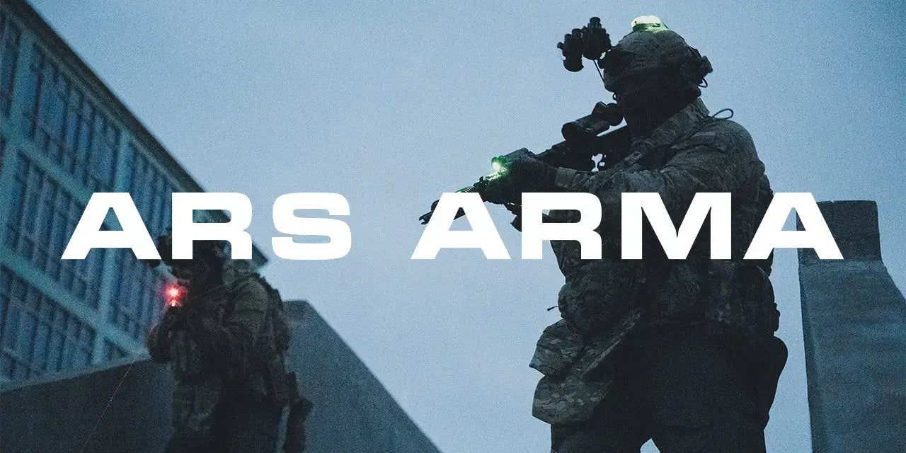 Two soldiers in tactical gear with 'ARS ARMA' text overlay against a blue sky.