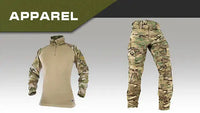 Camouflage clothing set with shirt and pants on a gray background, labeled 'Apparel'.