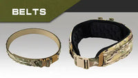Two belts, one plain and one camouflage-patterned, on a gray background with 'BELTS' text above.