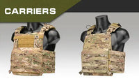 Two tactical vests on mannequins with 'CARRIERS'