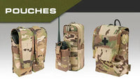 Three camouflage pouches with different designs on a gray background